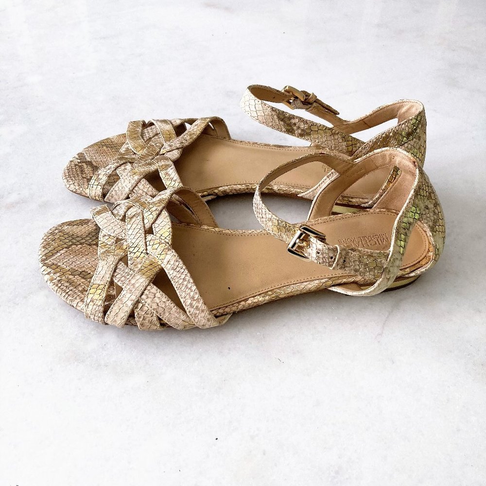 Michael Kors tan snakeskin sandals (tan / beige / gold), ankle straps, flat
